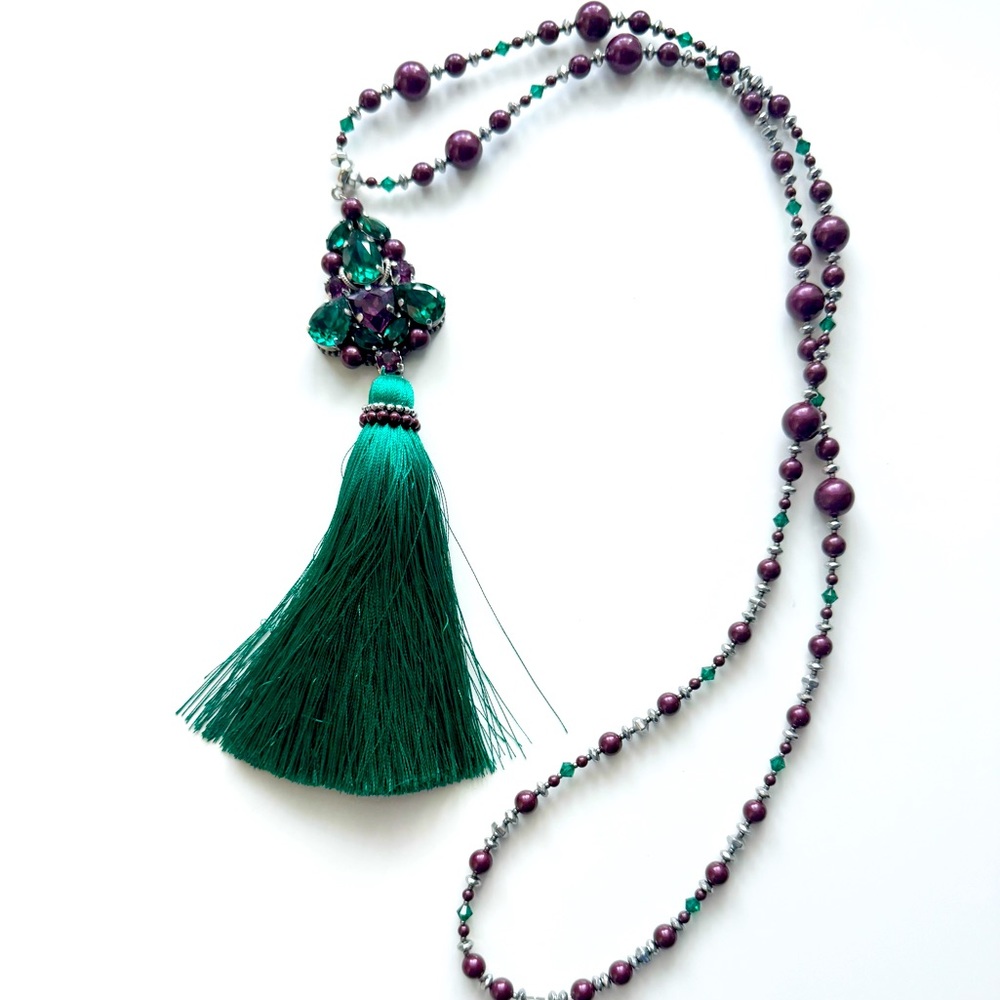 Handmade crystal and tassel pendant with beads and crystal chain